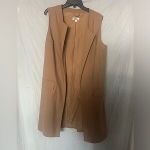 Merona women open front pocketed beige lined long vest size 14 polyester blend